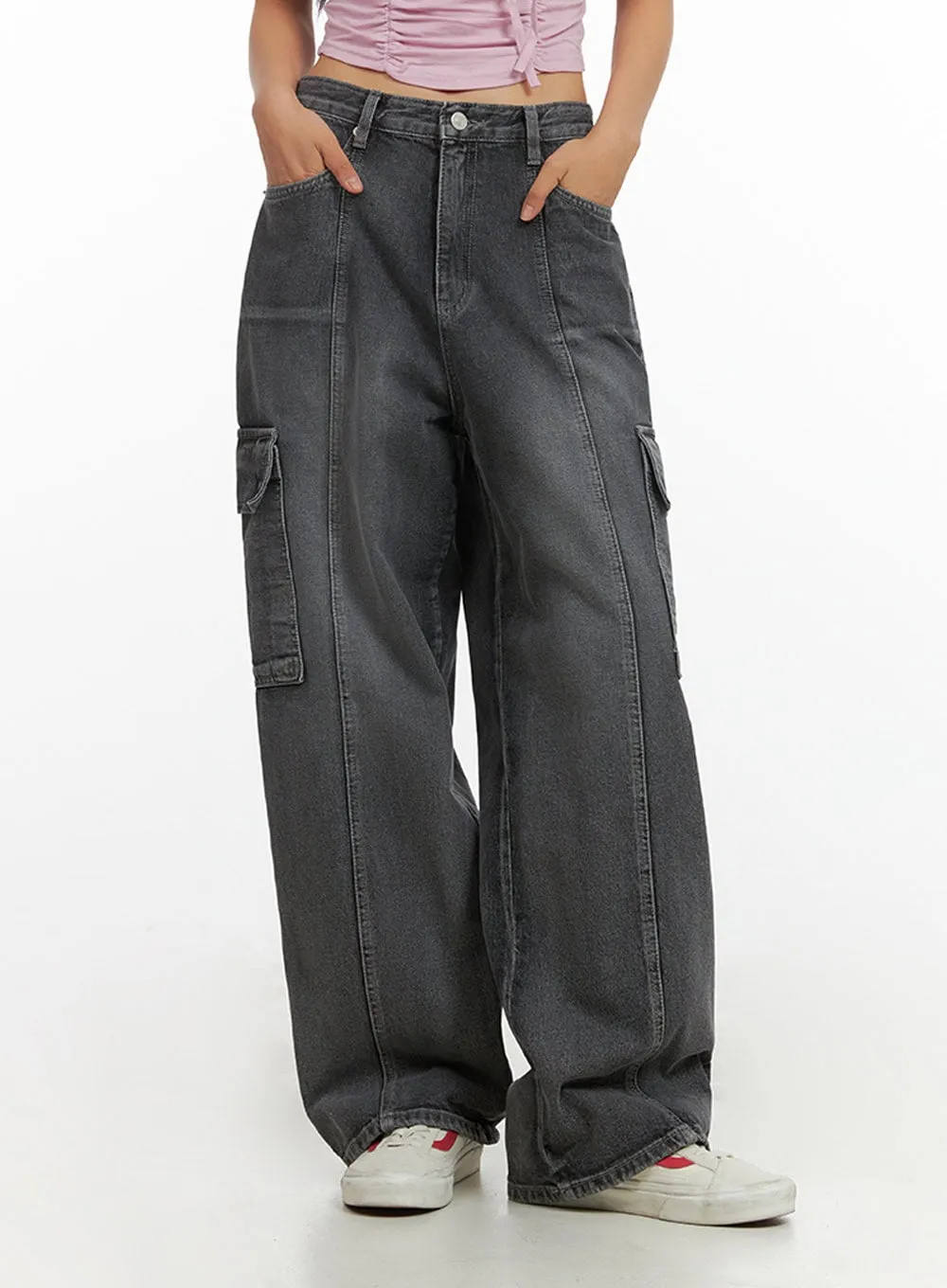 Washed Wide Leg Cargo Jeans IY422 sold by Lewkin product image thumbnail 4