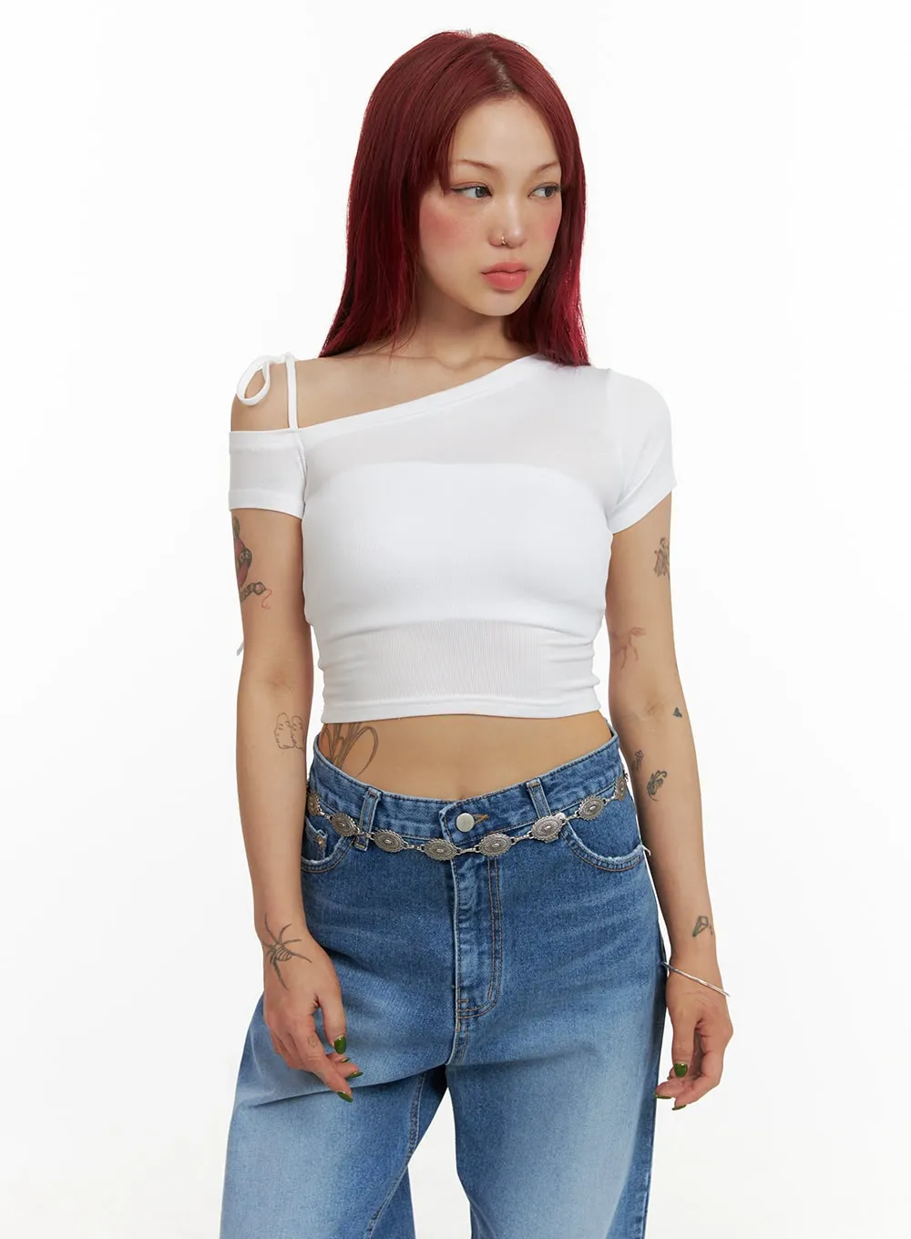 Ribbon Strap One-Shoulder Crop Top CY429 sold by Lewkin