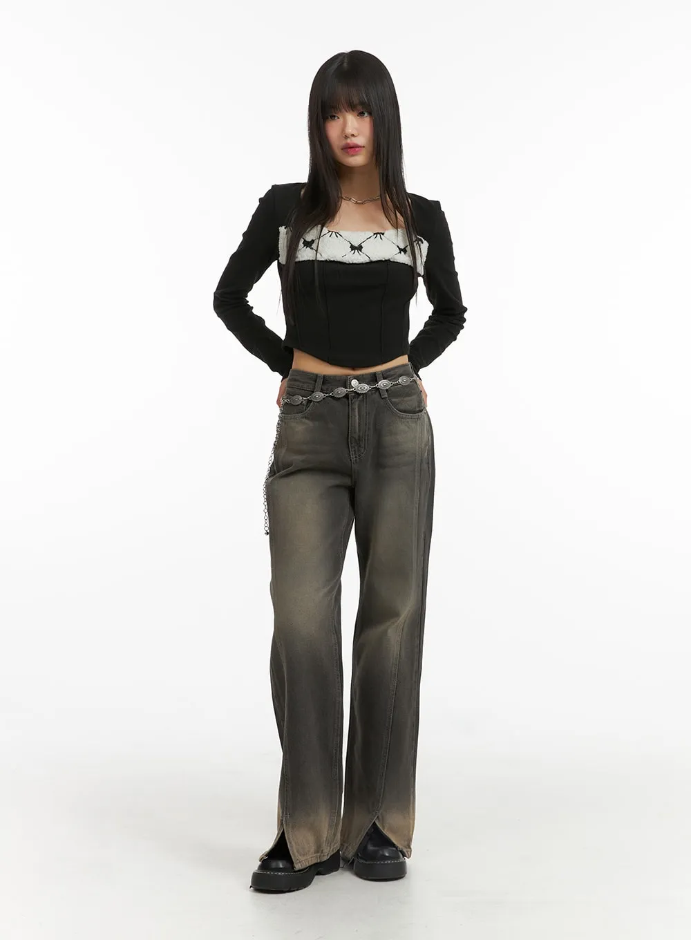 Square Neck Ribbon Detail Long Sleeve Top CJ415 sold by Lewkin product image thumbnail 5