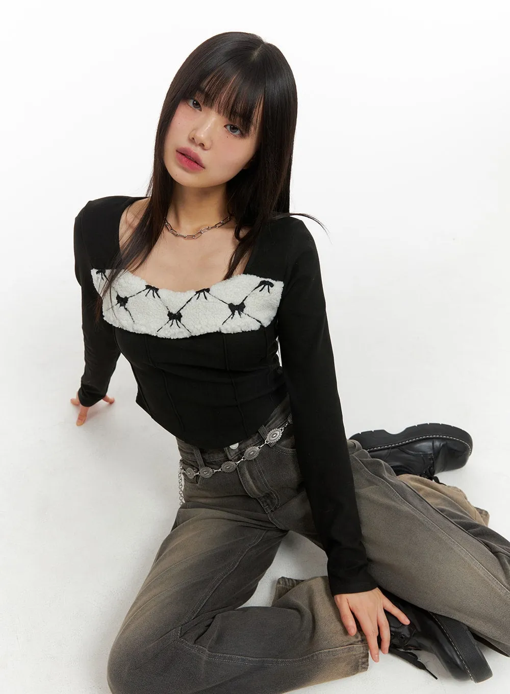 Square Neck Ribbon Detail Long Sleeve Top CJ415 sold by Lewkin