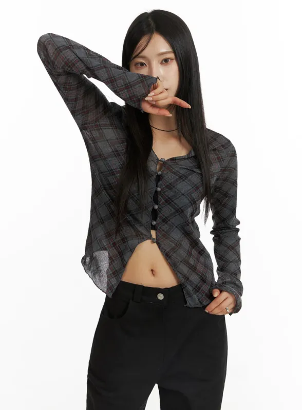Checkered Ruffle Hem Long Sleeve Blouse CF401 sold by Lewkin