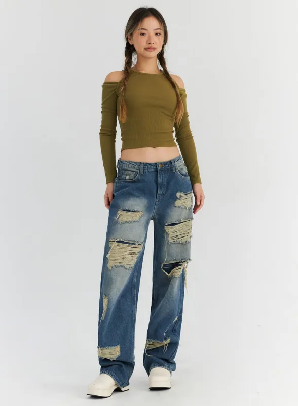 Destroyed Washed Denim Pants CN310 sold by Lewkin