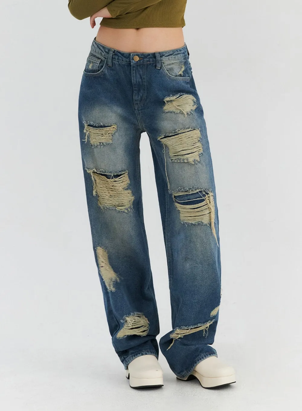 Destroyed Washed Denim Pants CN310 sold by Lewkin product image thumbnail 4
