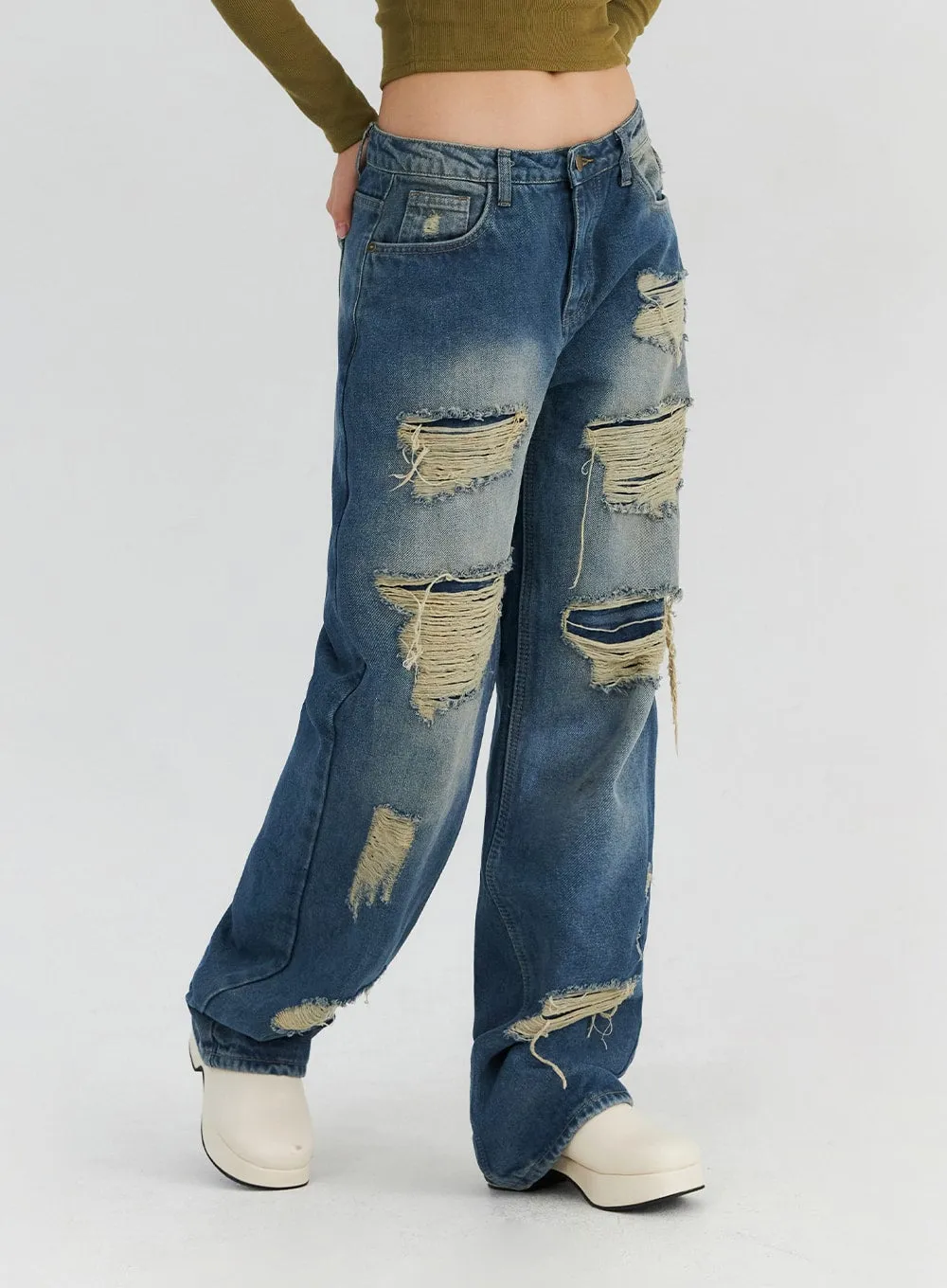 Destroyed Washed Denim Pants CN310 sold by Lewkin product image thumbnail 5