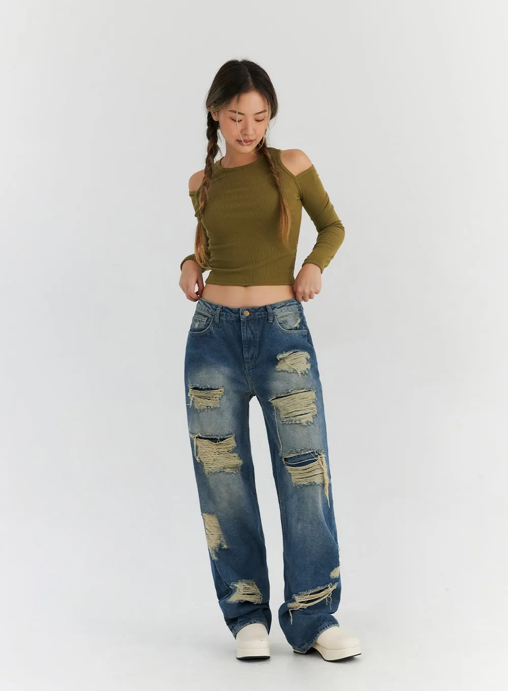 Destroyed Washed Denim Pants CN310 sold by Lewkin product image thumbnail 2