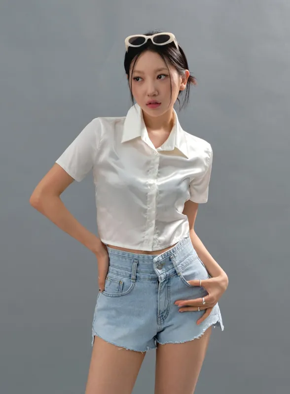 Satin Cropped Short-Sleeve Button Down Top CJ21 sold by Lewkin
