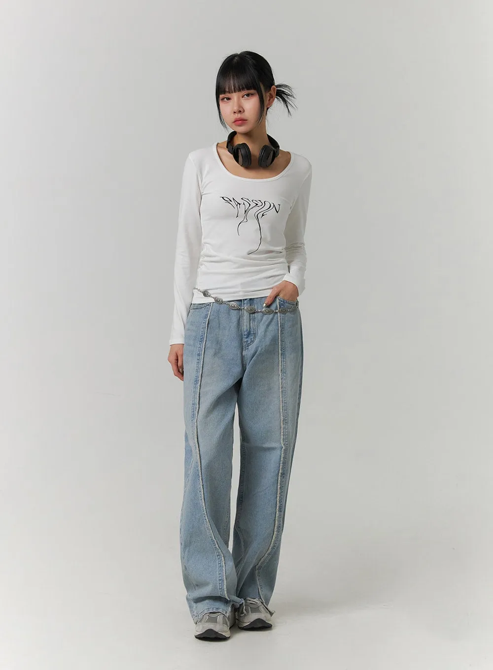 Mid Waist Wide Leg Denim Stitching Jeans CJ419 sold by Lewkin