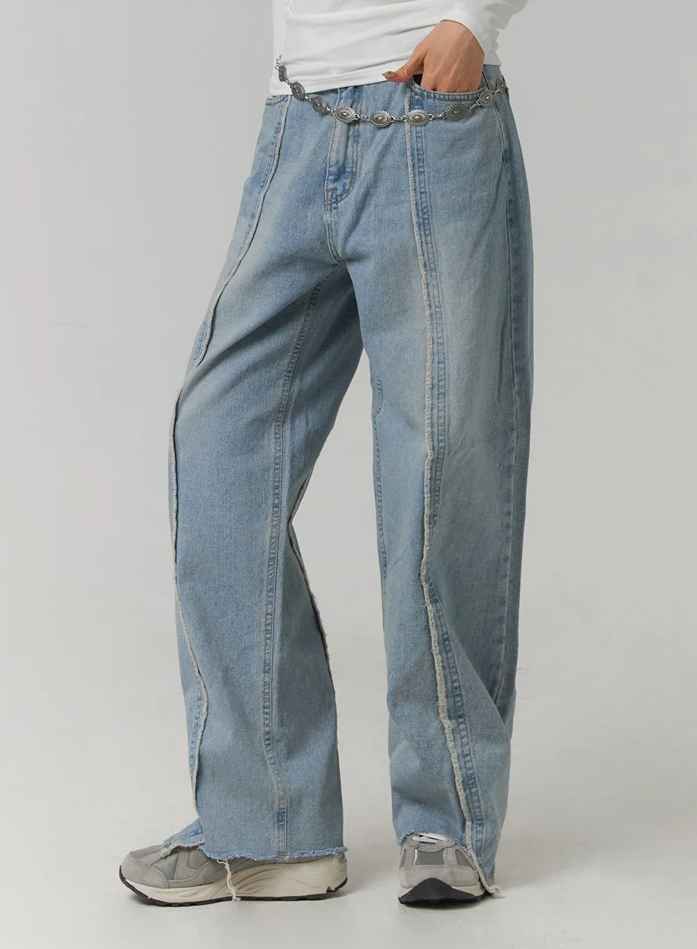 Mid Waist Wide Leg Denim Stitching Jeans CJ419 sold by Lewkin product image thumbnail 5