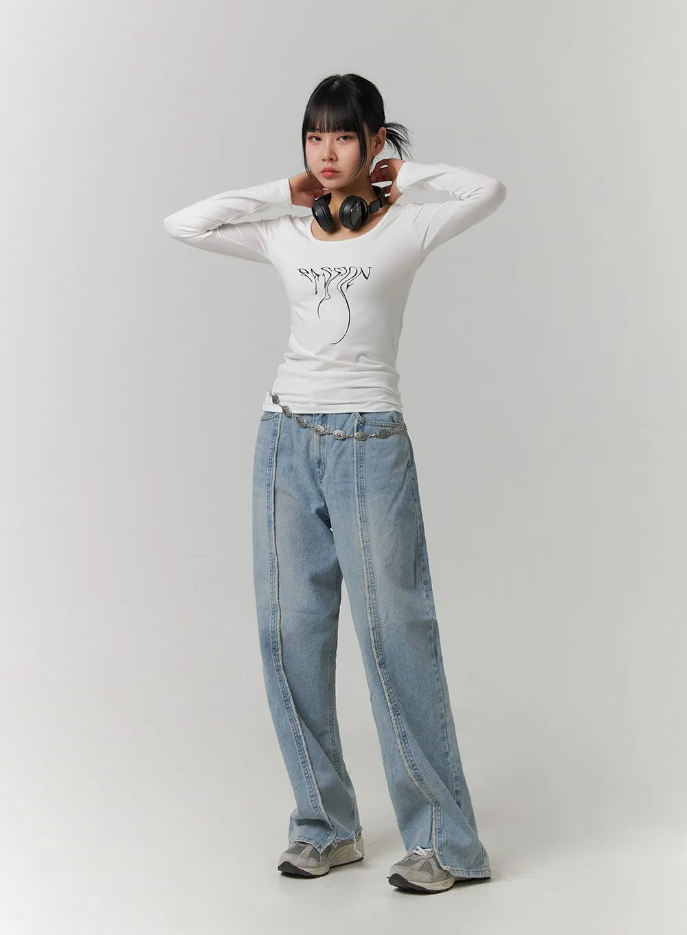 Mid Waist Wide Leg Denim Stitching Jeans CJ419 sold by Lewkin product image thumbnail 2