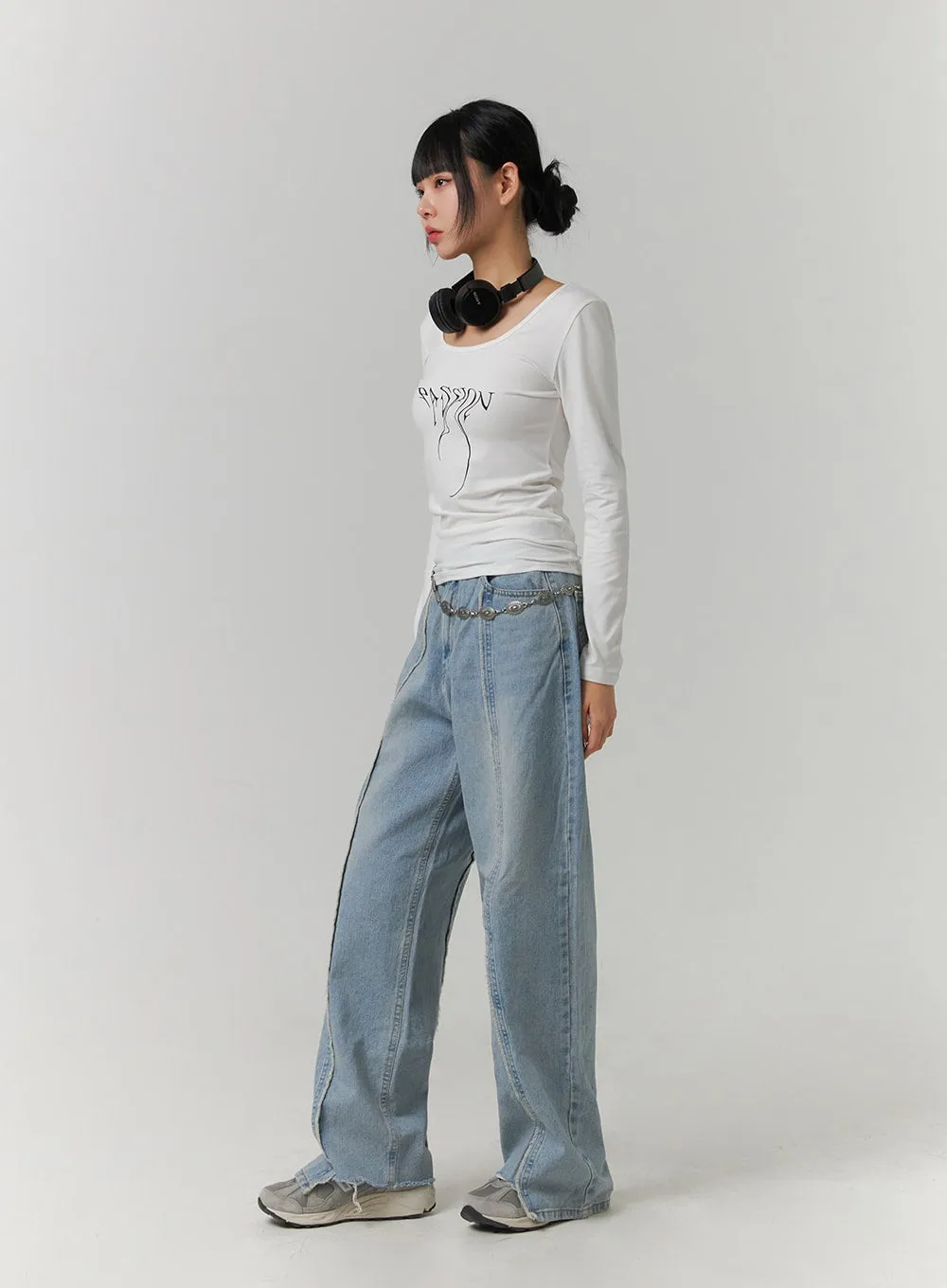 Mid Waist Wide Leg Denim Stitching Jeans CJ419 sold by Lewkin product image thumbnail 3