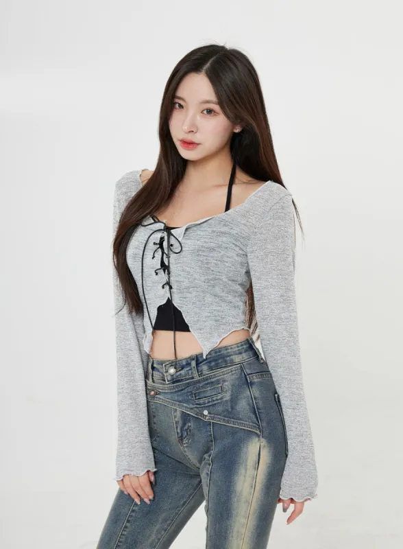 Neck Strap Crop Top And Long Sleeve Cross String Crop Top Set BO25 sold by Lewkin