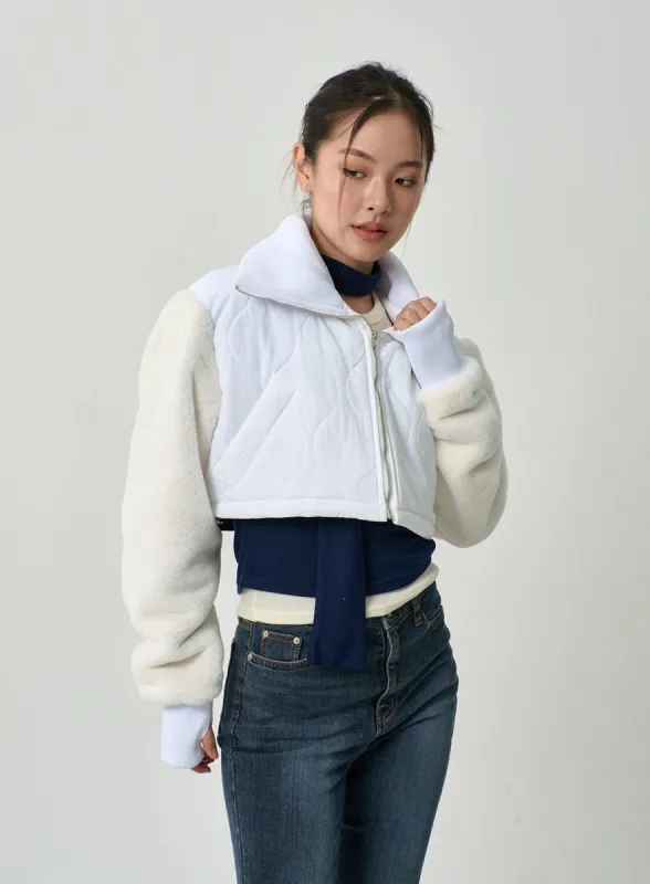 Faux Fur Sleeve Puffer Cropped Zipper Jacket CD19 sold by Lewkin