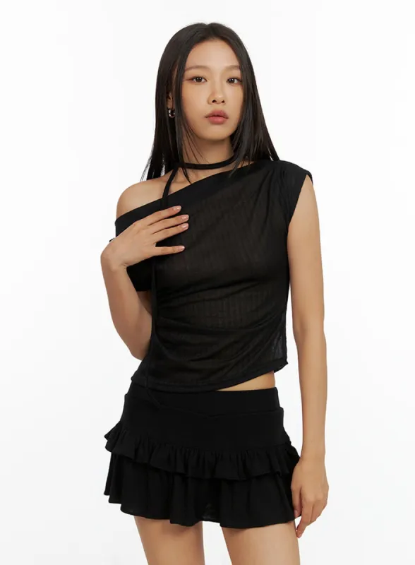 One Shoulder Crop Top with Thin Scarf Set IL409 sold by Lewkin
