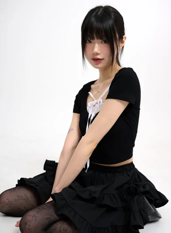 Laced Square Neck Short Sleeve CM415 sold by Lewkin