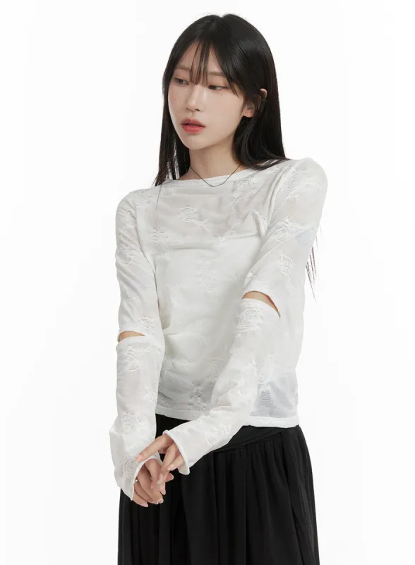 Cut-Out Sheer Textured Top CA404 sold by Lewkin