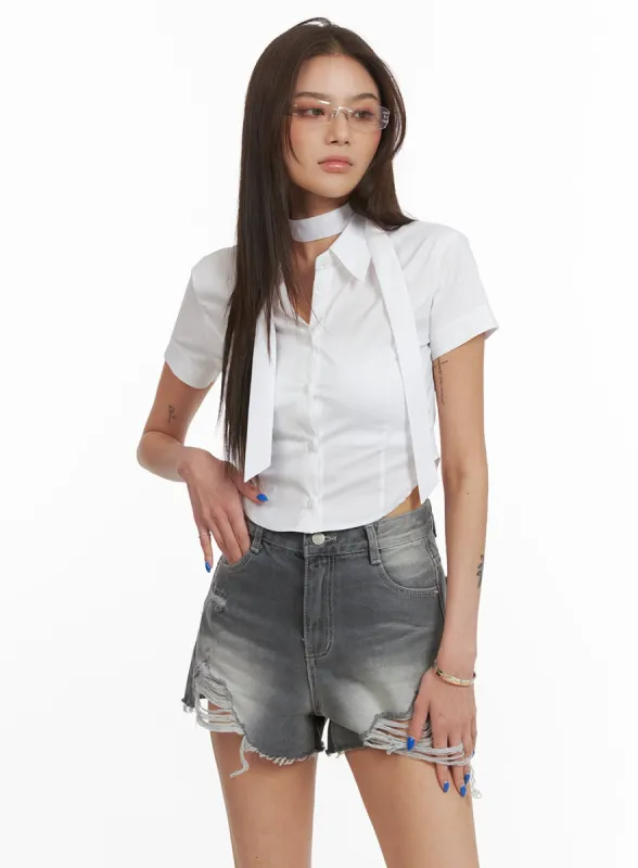 Buttoned Collar Crop Shirt with Scarf CY424 sold by Lewkin