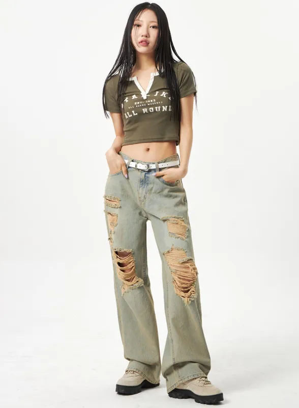 Wide Leg Ripped Jeans CA320 sold by Lewkin