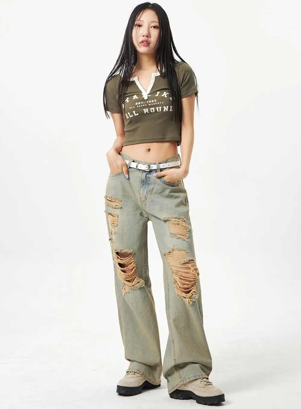 Wide Leg Ripped Jeans CA320 sold by Lewkin