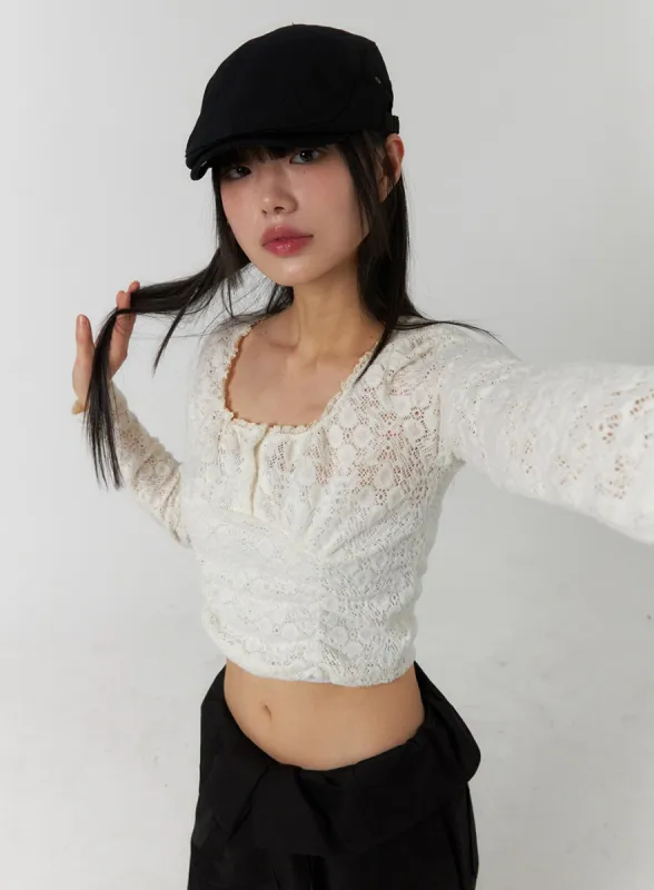 Floral Lace Round Neck Long Sleeve Top CF406 sold by Lewkin