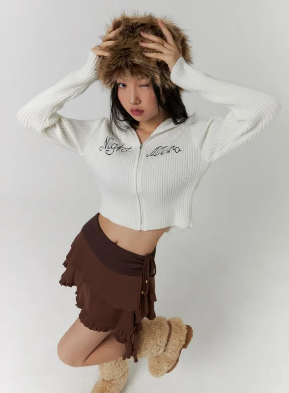 Zip-Up Lettering Hooded Crop Knit Top CD314 sold by Lewkin