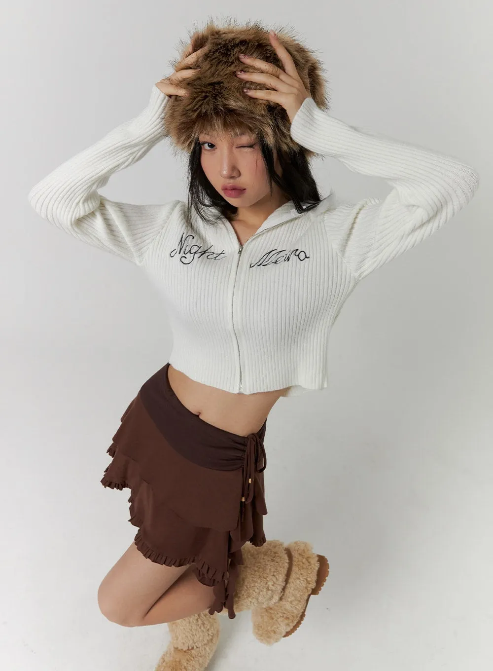 Zip-Up Lettering Hooded Crop Knit Top CD314 sold by Lewkin