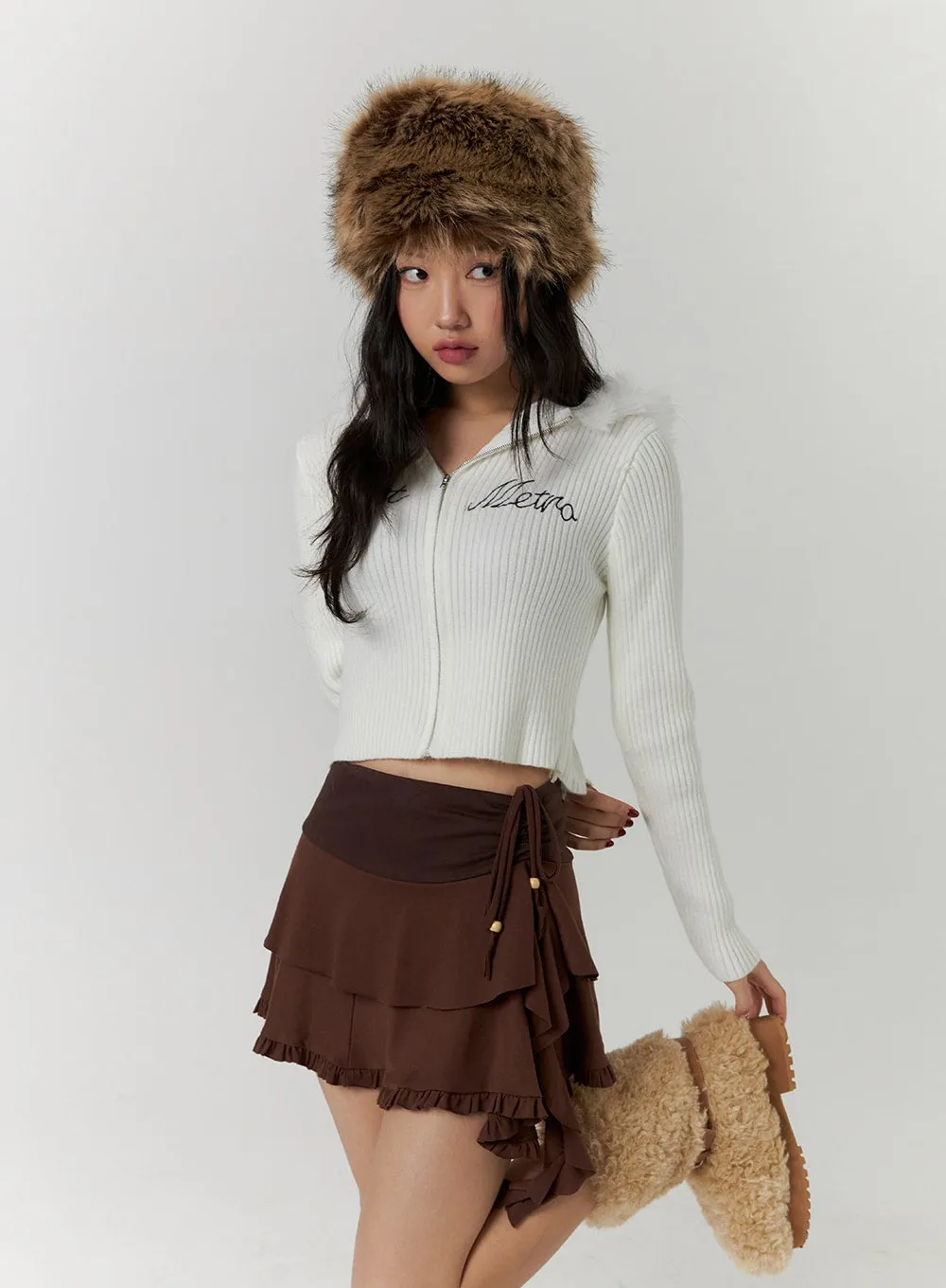 Zip-Up Lettering Hooded Crop Knit Top CD314 sold by Lewkin product image thumbnail 5