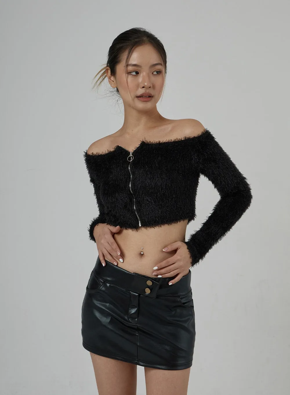 Off-Shoulder Zipper Faux Fur Cropped Top CJ302 sold by Lewkin product image thumbnail 5