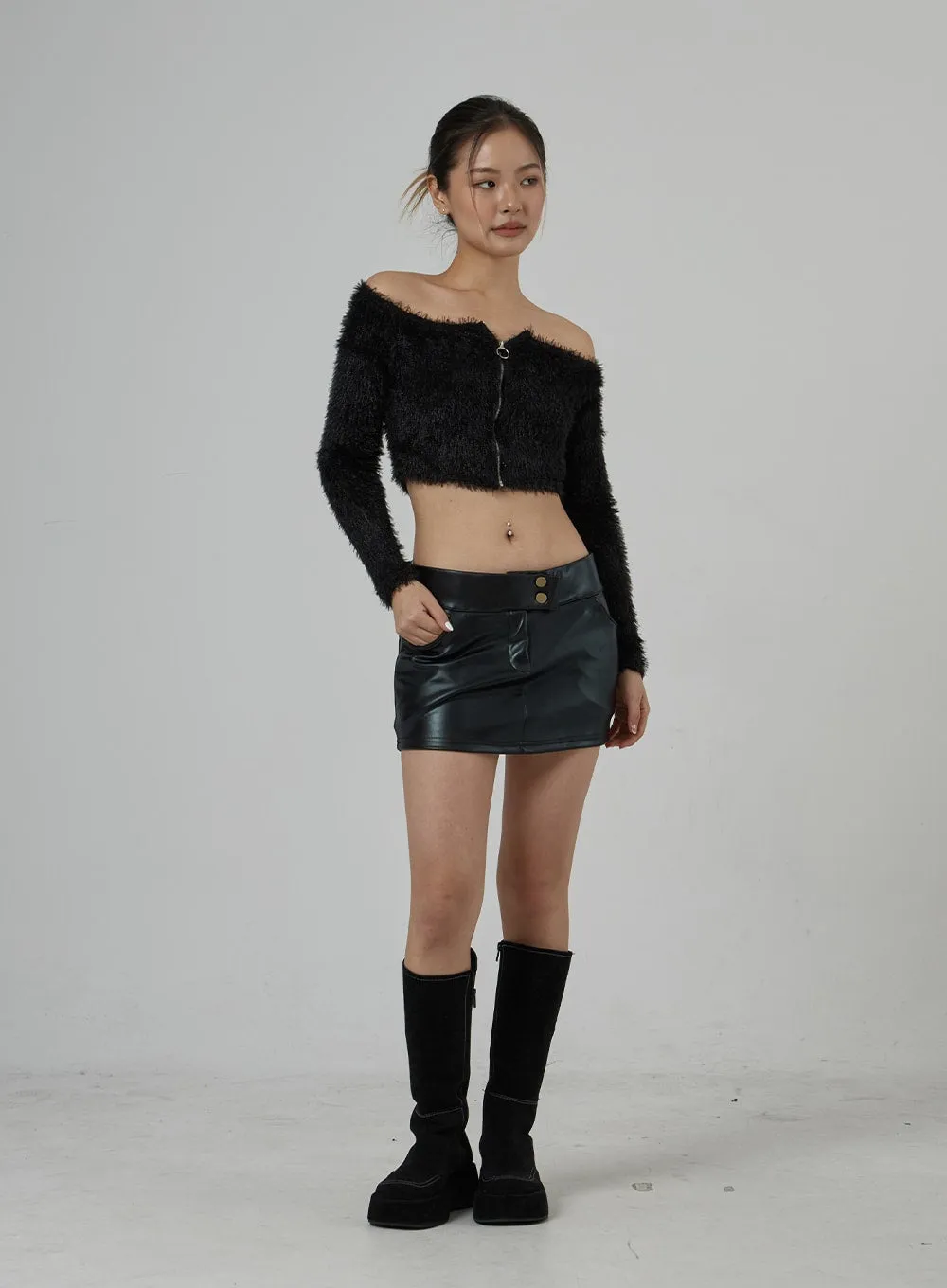 Off-Shoulder Zipper Faux Fur Cropped Top CJ302 sold by Lewkin product image thumbnail 4