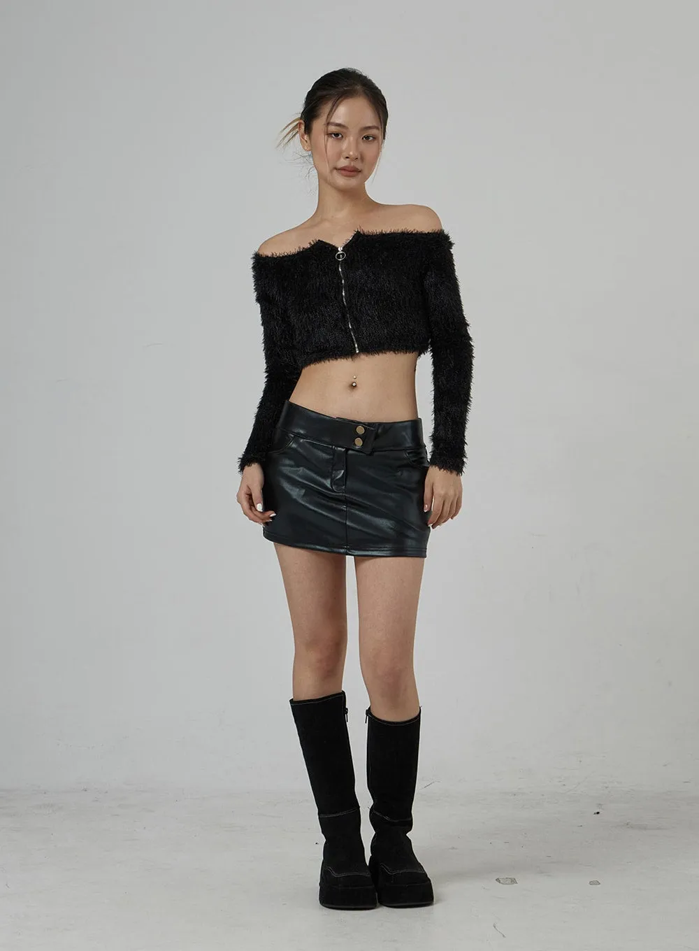 Off-Shoulder Zipper Faux Fur Cropped Top CJ302 sold by Lewkin product image thumbnail 3