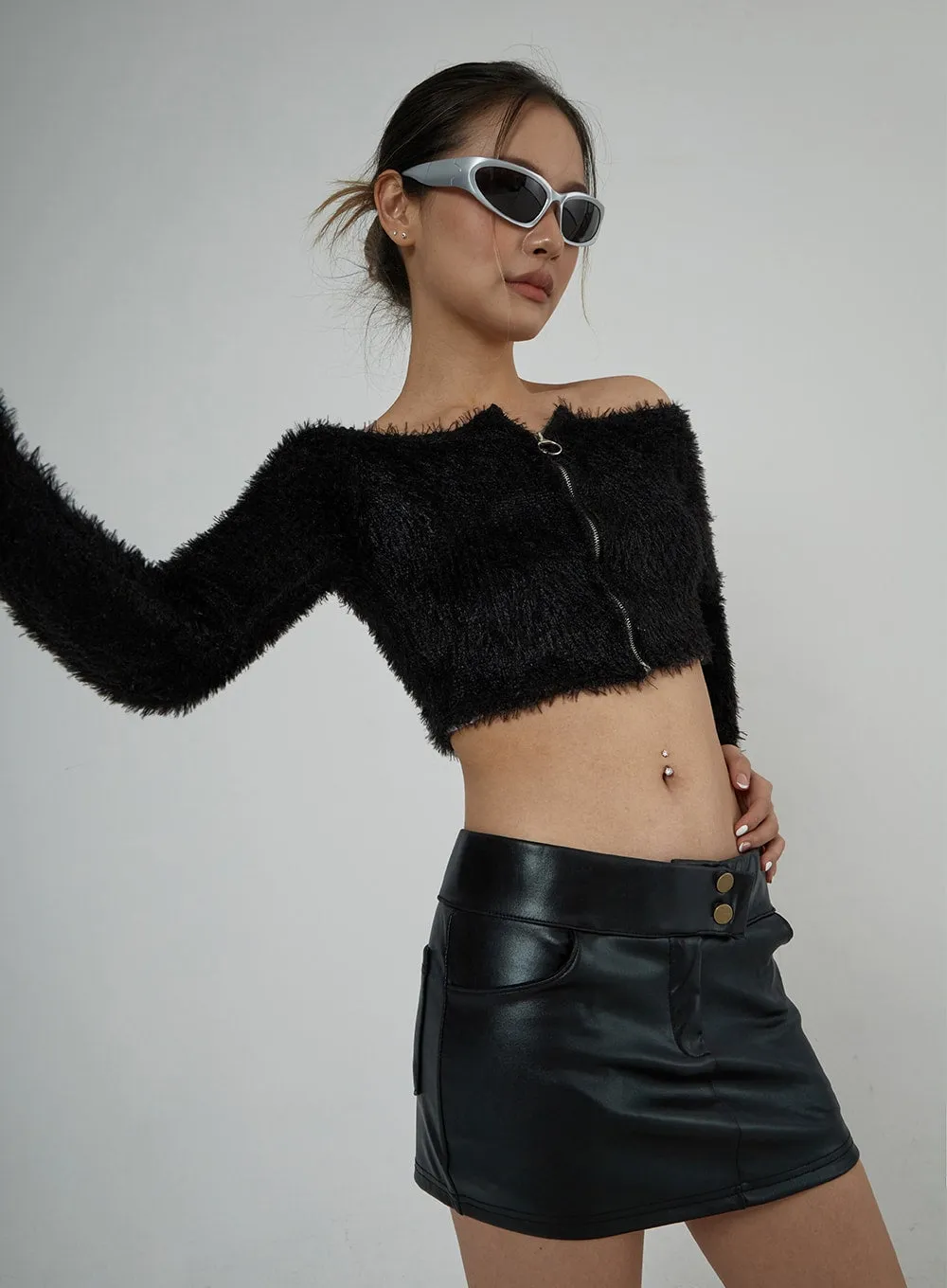 Off-Shoulder Zipper Faux Fur Cropped Top CJ302 sold by Lewkin