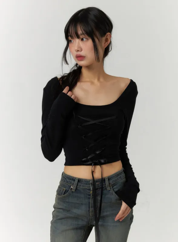 Ribbon Lace-Up Boat Neck Crop Top CF407 sold by Lewkin