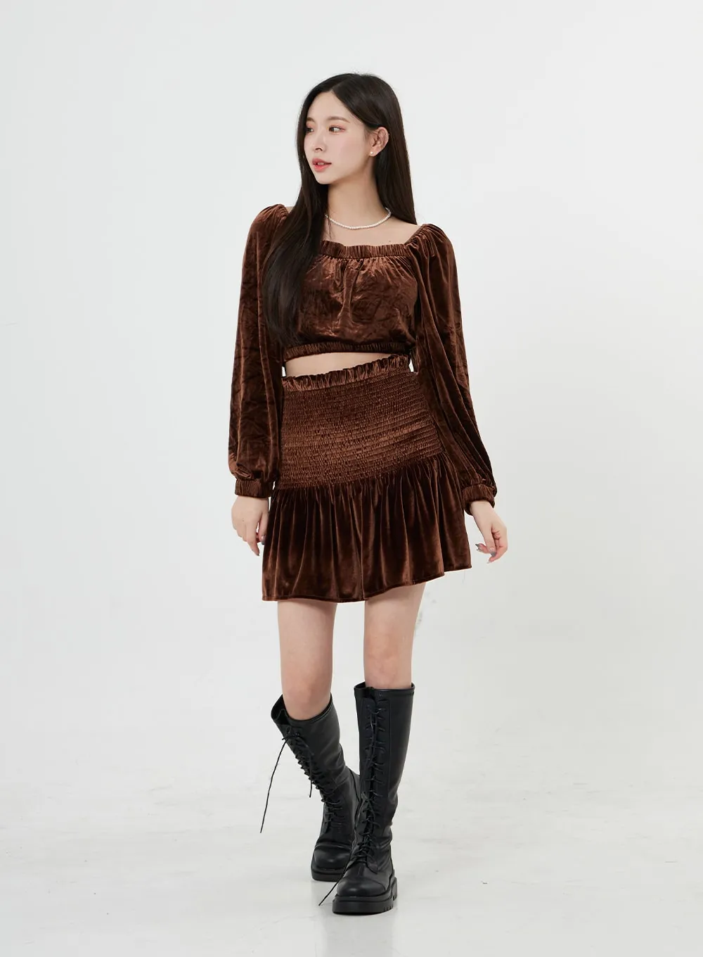Velvet Elastic Semi Ruffle Mini Skirt BO31 sold by Lewkin