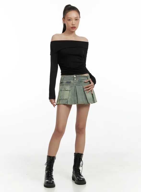 Pocket Pleated Denim Skirt IF426 sold by Lewkin