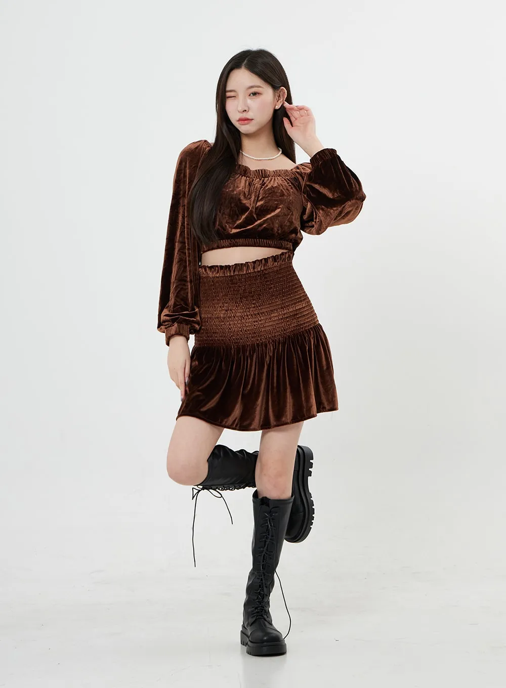 Velvet Elastic Semi Ruffle Mini Skirt BO31 sold by Lewkin product image thumbnail 4