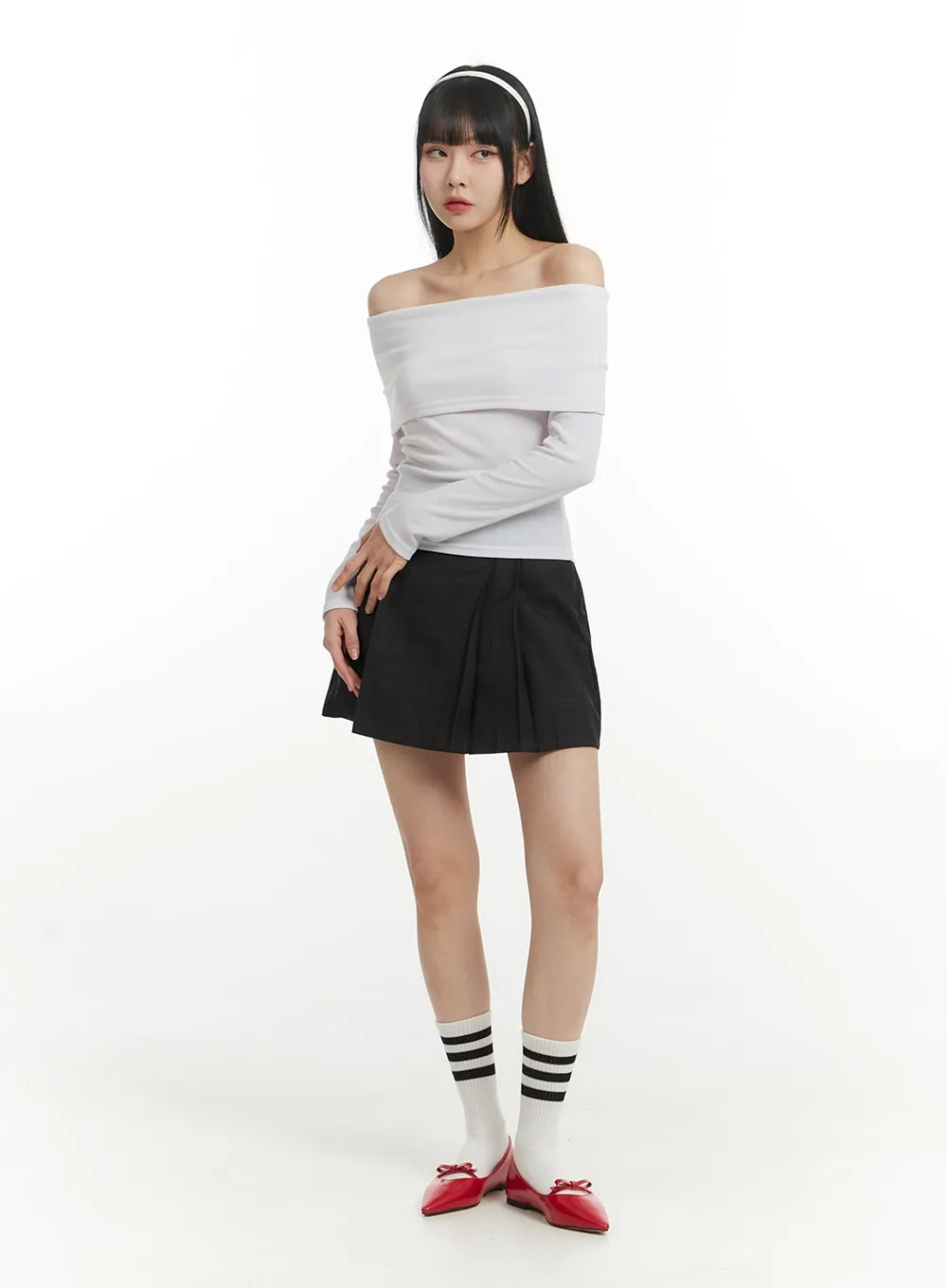 Solid Cotton Off Shoulder Long Sleeve Top IM406 sold by Lewkin product image thumbnail 5