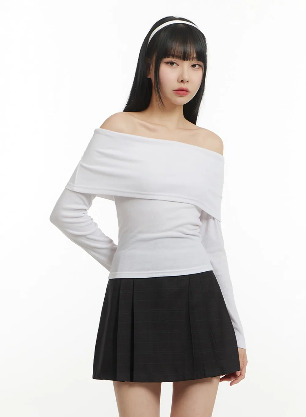 Solid Cotton Off Shoulder Long Sleeve Top IM406 sold by Lewkin product image thumbnail 4