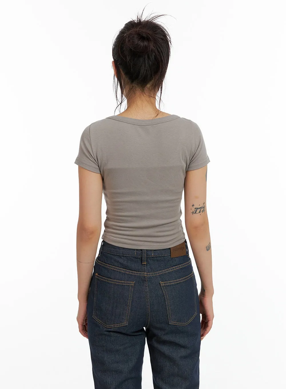 Shirred Buttoned U-Neck Crop Tee CL415 sold by Lewkin product image thumbnail 5