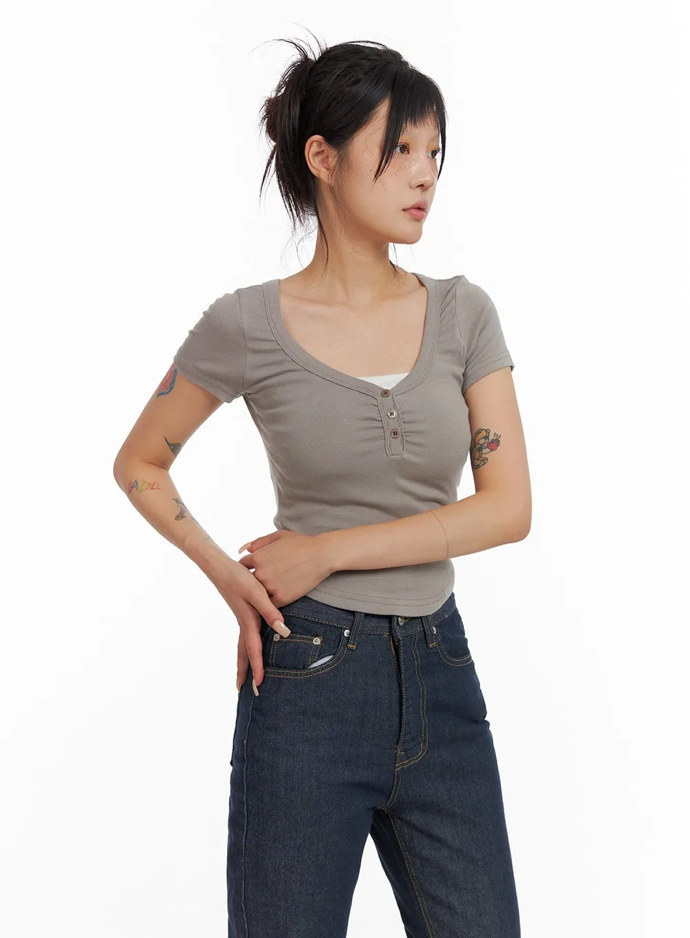 Shirred Buttoned U-Neck Crop Tee CL415 sold by Lewkin