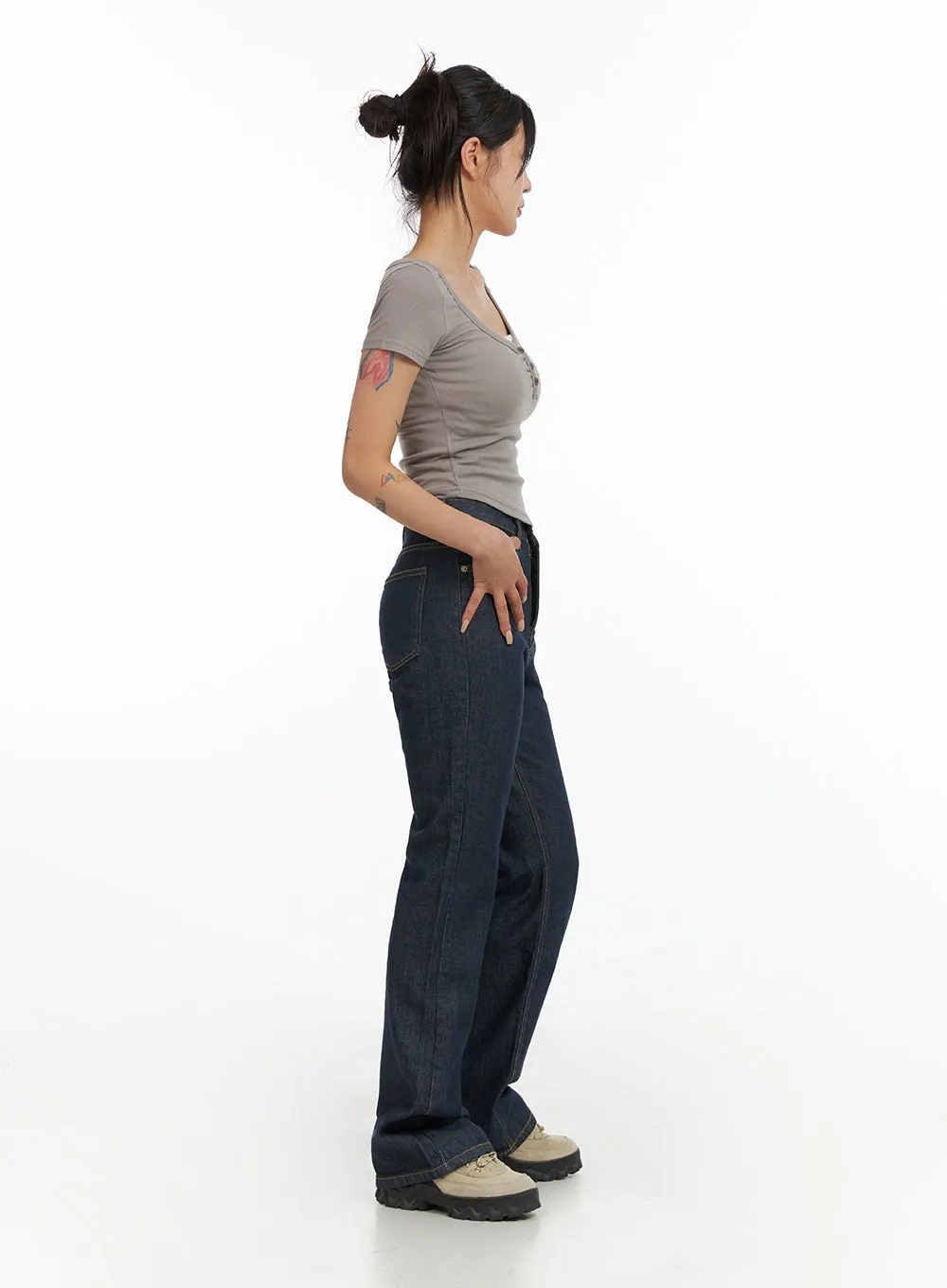 Shirred Buttoned U-Neck Crop Tee CL415 sold by Lewkin product image thumbnail 3