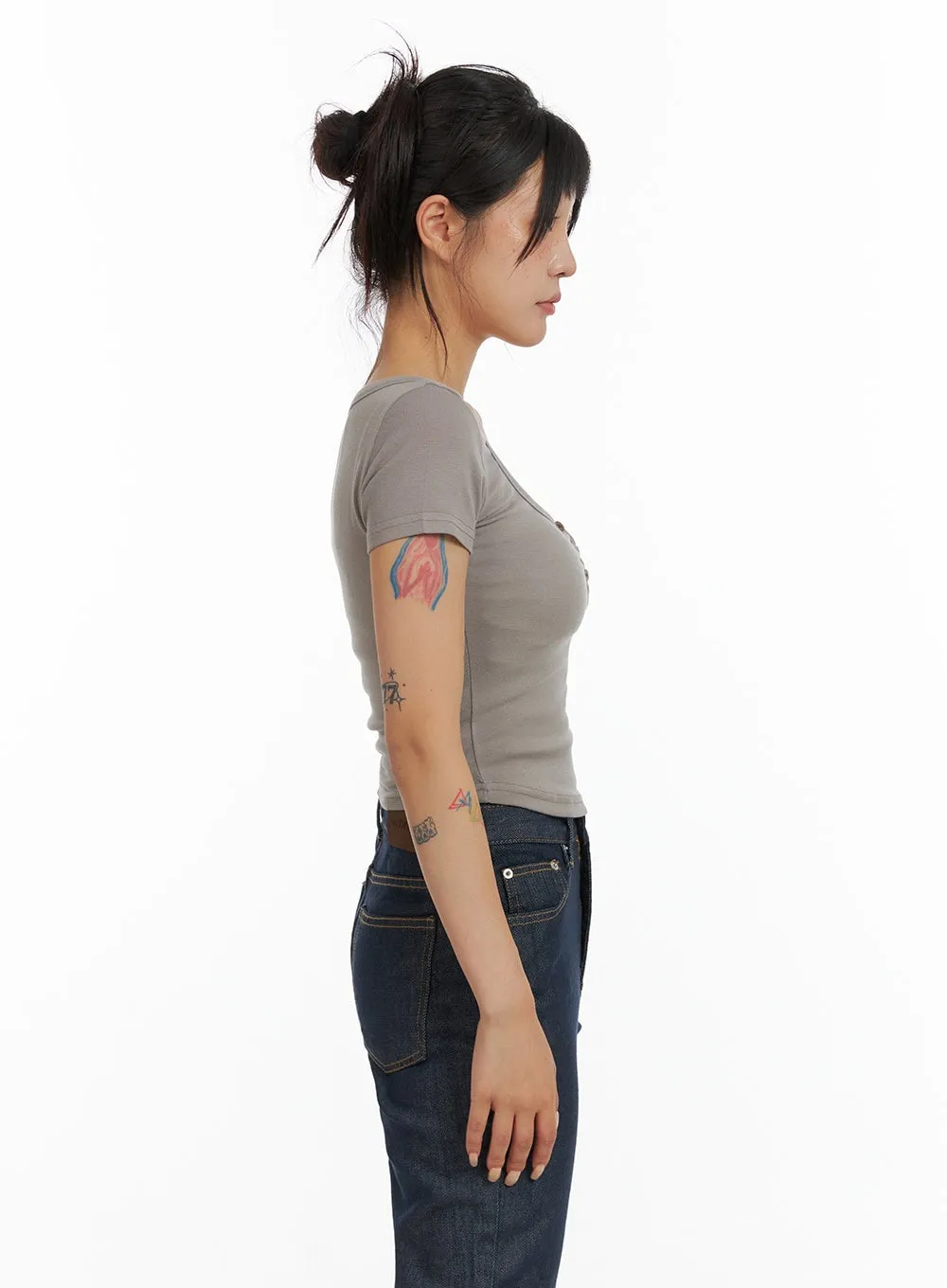 Shirred Buttoned U-Neck Crop Tee CL415 sold by Lewkin product image thumbnail 4