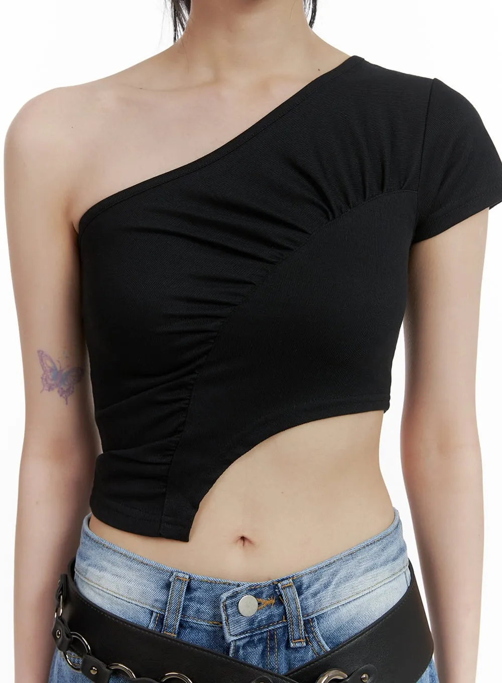 One-Shoulder Shirred Crop Top CU410 sold by Lewkin product image thumbnail 3