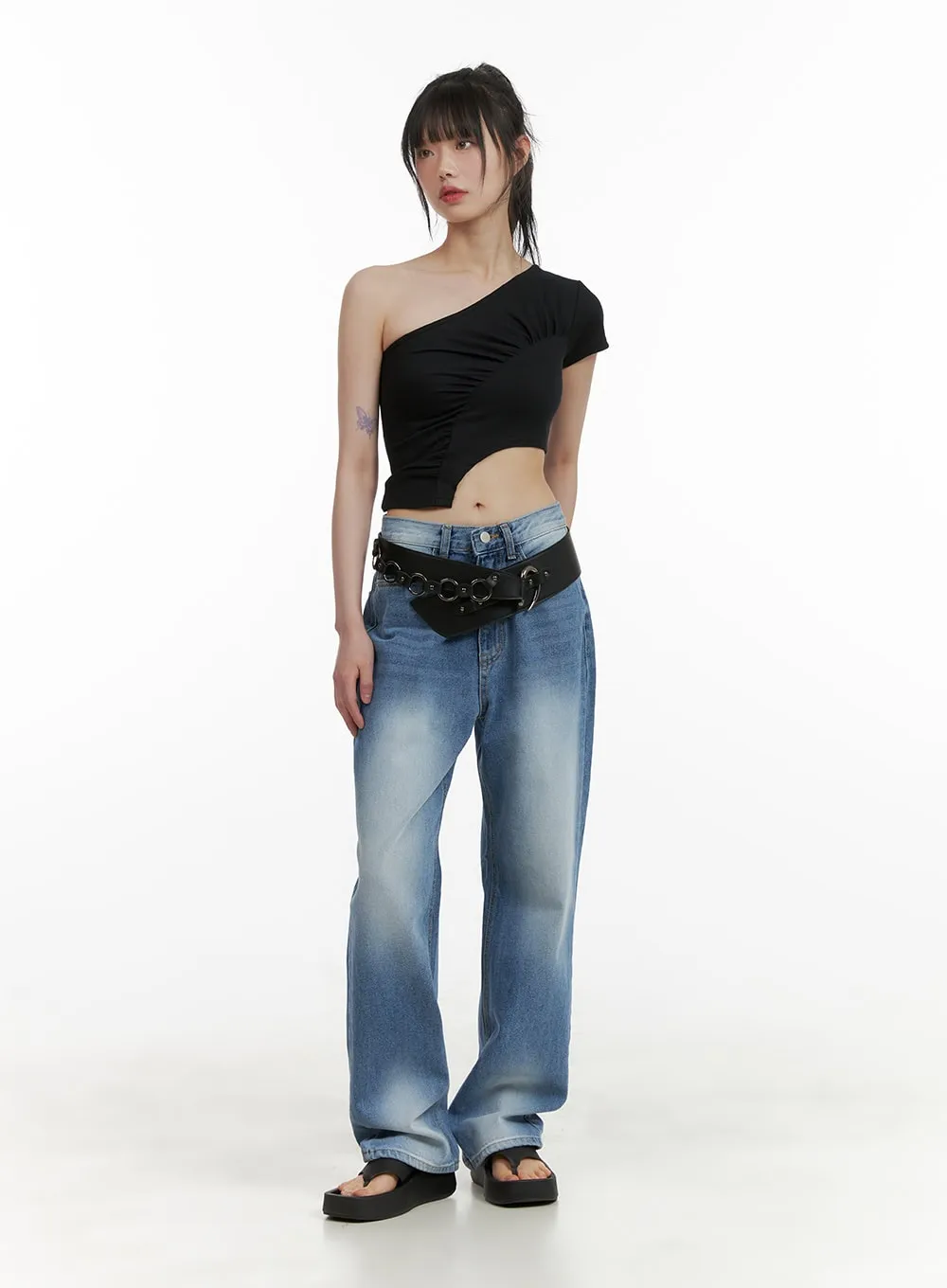 One-Shoulder Shirred Crop Top CU410 sold by Lewkin product image thumbnail 2