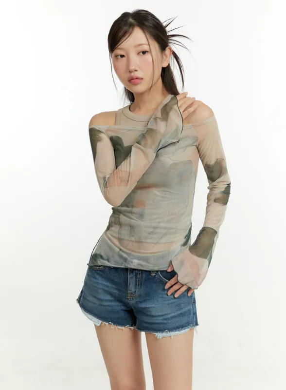 Graphic Mesh Off Shoulder Long Sleeve CU426 sold by Lewkin