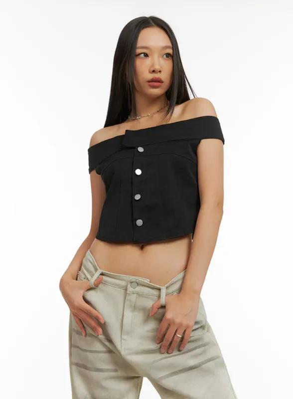 Off-Shoulder Buttoned Crop Top IY422 sold by Lewkin