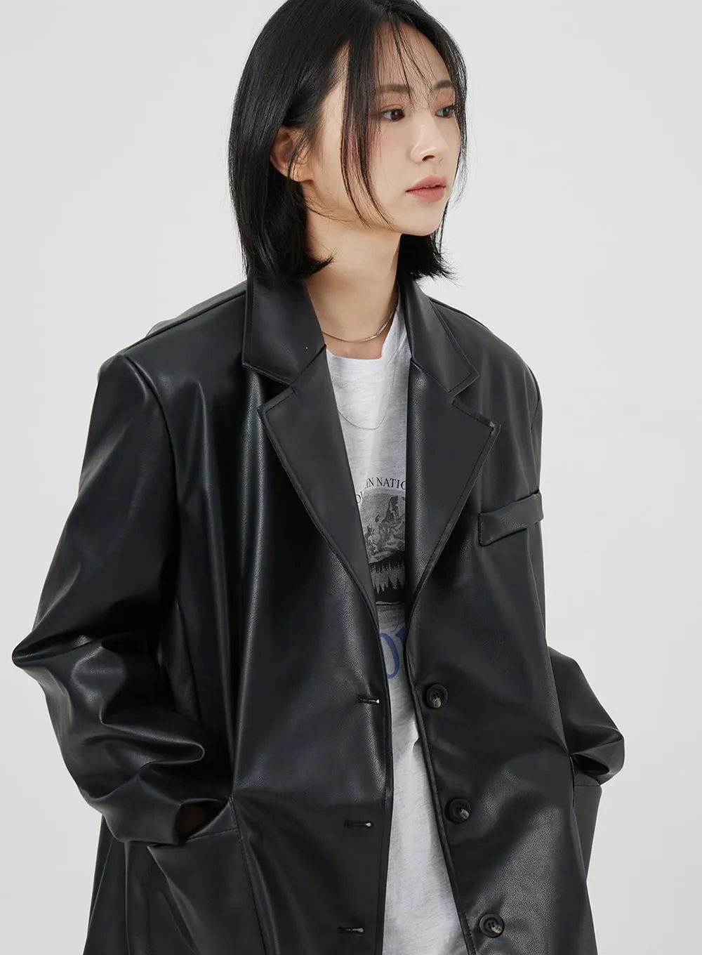 Faux Leather Oversized Jacket OM306 sold by Lewkin product image thumbnail 4