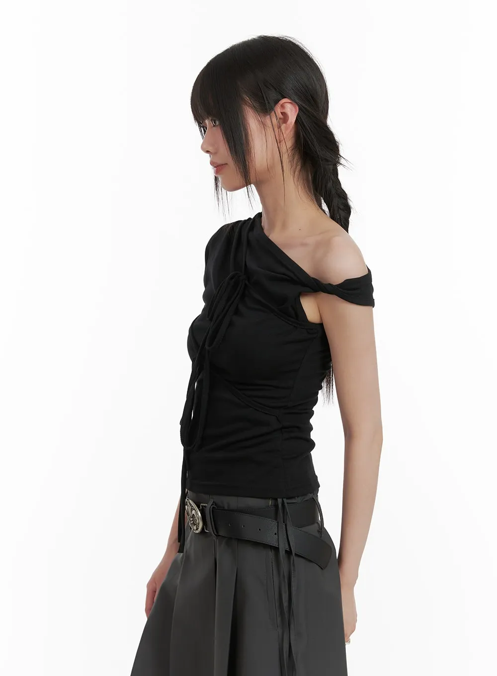 Twisted Asymmetrical Neck Short Sleeve Top CA418 sold by Lewkin product image thumbnail 4