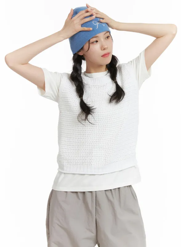 Wool-Blend Solid Knit Hollow Out Vest OM421 sold by Lewkin