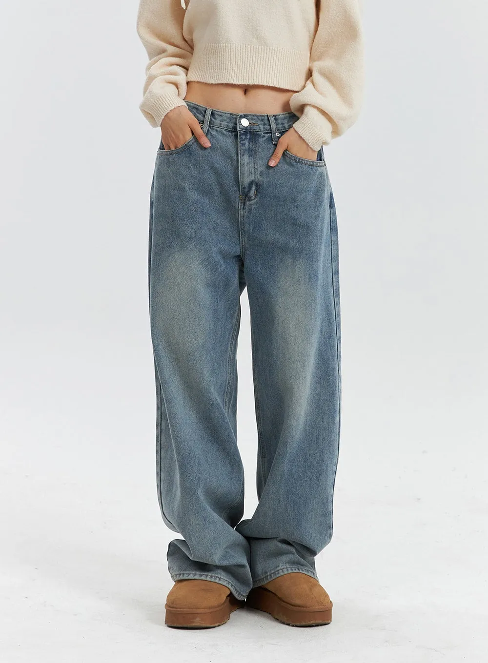 Mid Waist Washed Button Wide Leg Jeans OD320 sold by Lewkin product image thumbnail 2