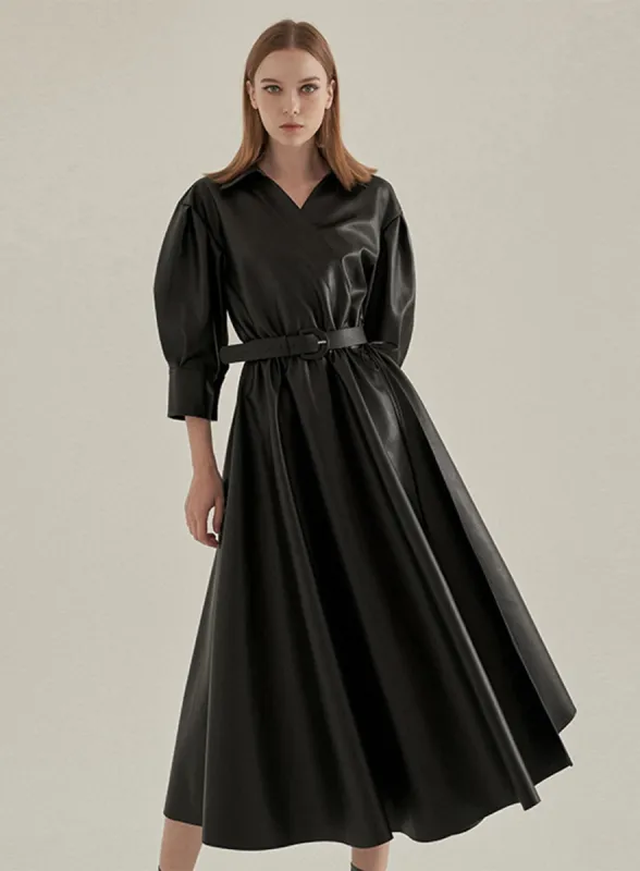 Faux Leather Wrap Style Midi Dress IA16 sold by Lewkin