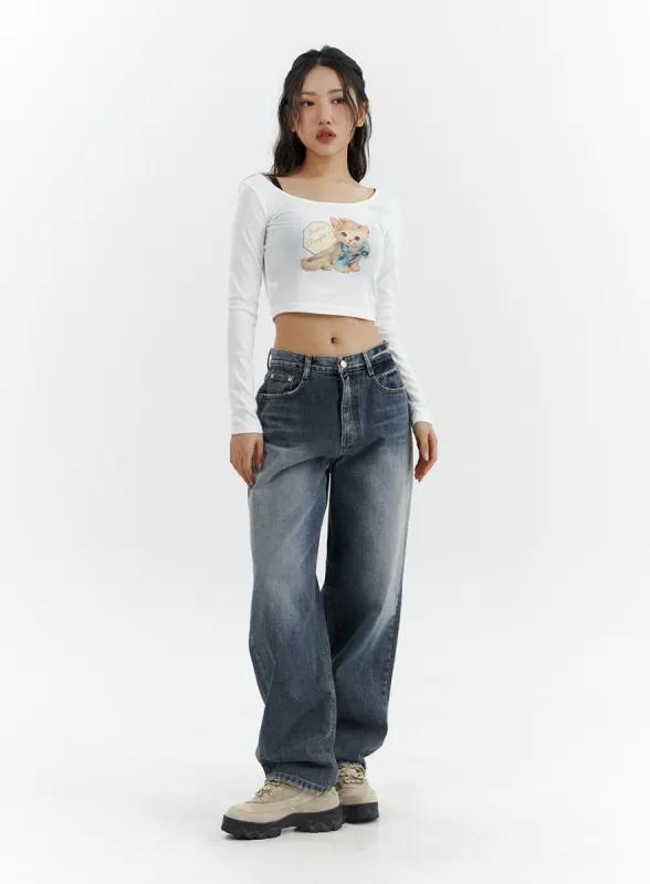 Washed Button Straight Leg Jeans CJ425 sold by Lewkin